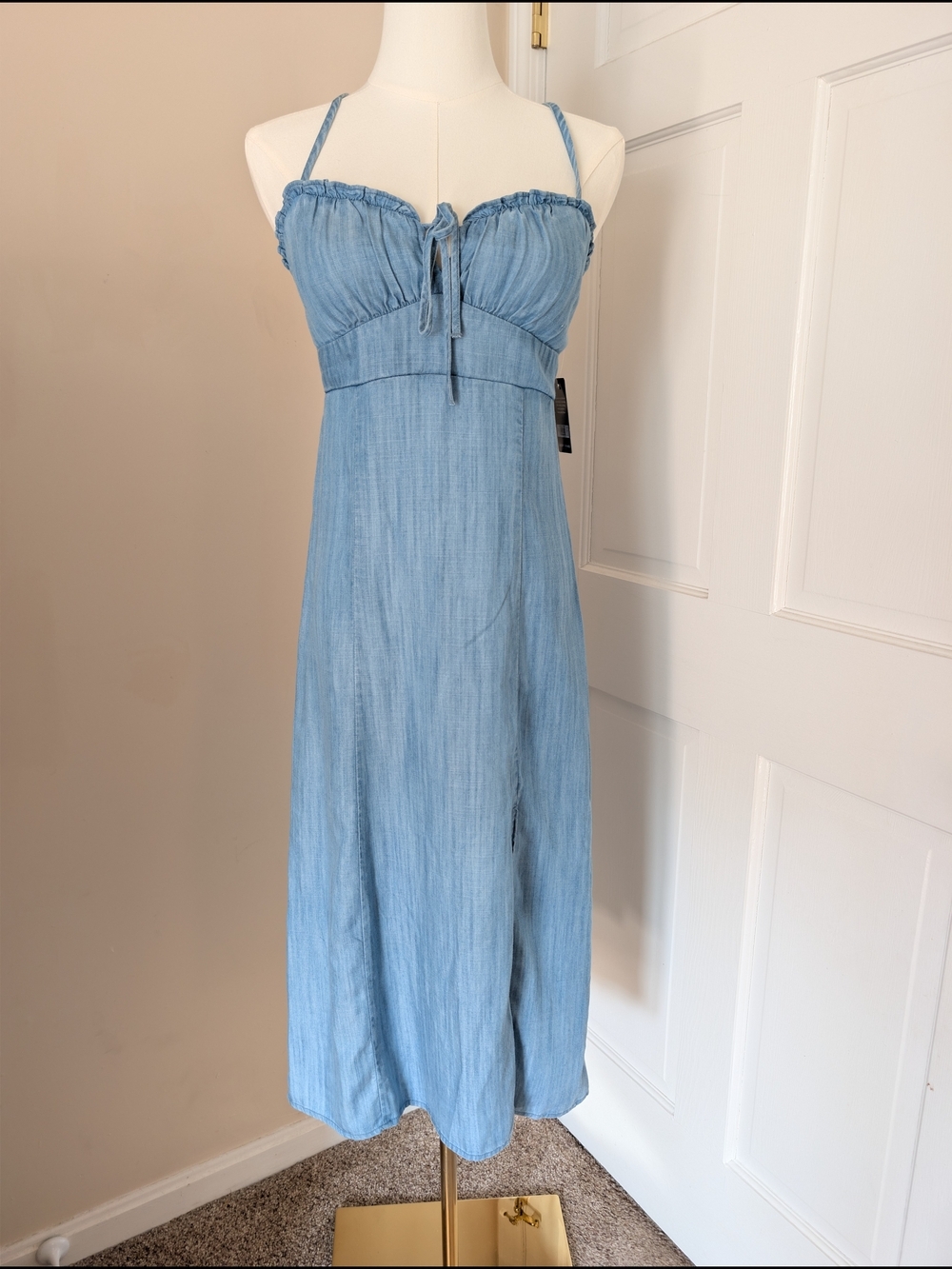 ​NWT Lucky Brand Tencel Denim Midi Dress Smocked Tie Front Light Blue XS